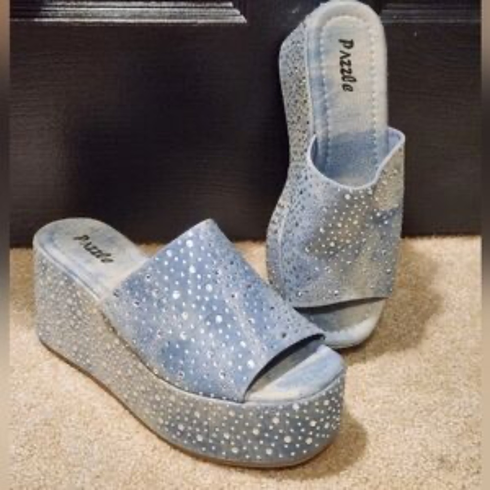 Blue Denim Rhinestone Embellished Plattforms
